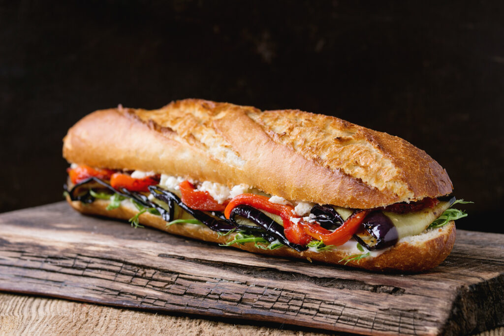 VEGGIE BREAKFAST vegetarian,baguette,submarine,sandwich,with,grilled,eggplant,,pepper,and,feta